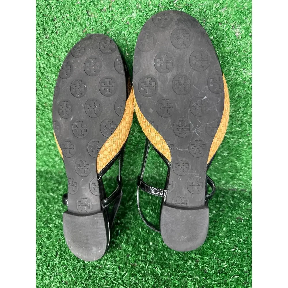 Tory Burch Randy Slingback Flats Black Patent Straw Logo Women’s Size 7